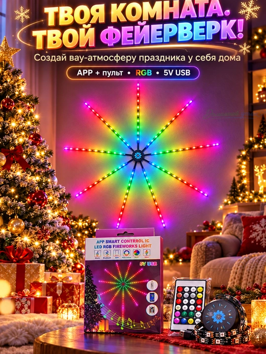 Умная светодиодная гирлянда Фейерверк RGB, 10 лучей, с пультом USB 5В - 