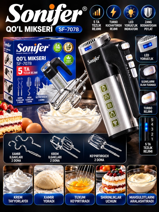 Sonifer SF-7078 qo‘l mikseri 5 tezlik Turbo rejim 6 dona nasadka LED indikator - 