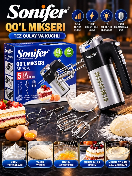 Sonifer SF-7078 qo‘l mikseri 5 tezlik Turbo rejim 6 dona nasadka LED indikator