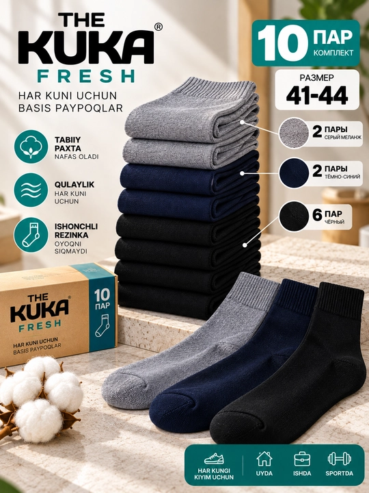 Носки мужские, длинные, черные, набор носков, The Kuka Fresh - 