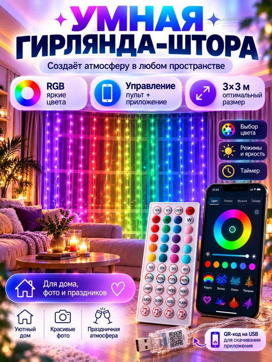 Умная гирлянда штора RGB 3х3 м, 300 LED, с пультом, разноцветная новогодняя занавеска - 