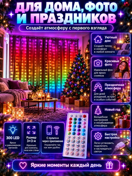 Aqlli RGB girlyanda parda 3x3 m, 300 LED, pultli, rangli yangi yil chiroqlari