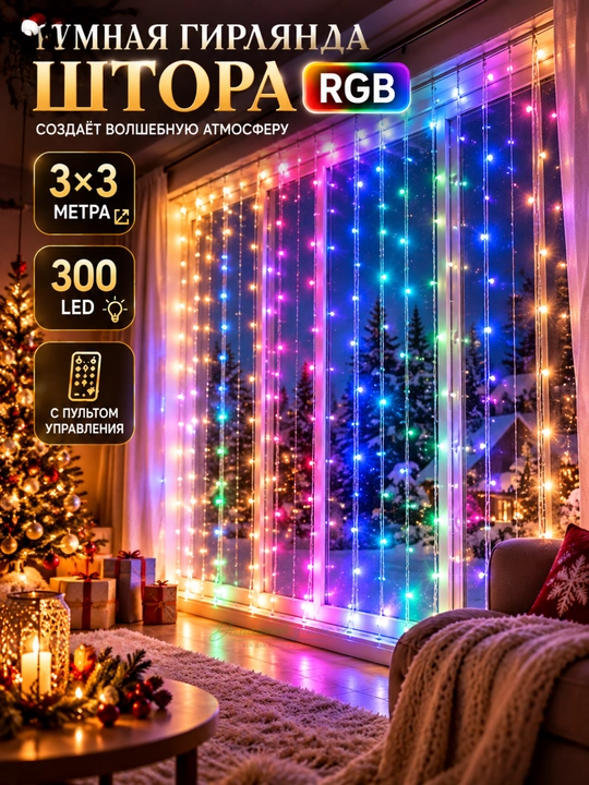 Умная гирлянда штора RGB 3х3 м, 300 LED, с пультом, разноцветная новогодняя занавеска - 