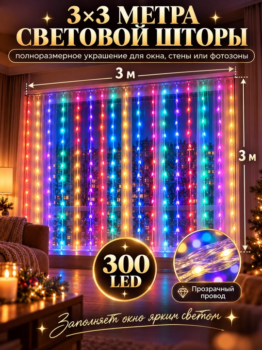 Aqlli RGB girlyanda parda 3x3 m, 300 LED, pultli, rangli yangi yil chiroqlari