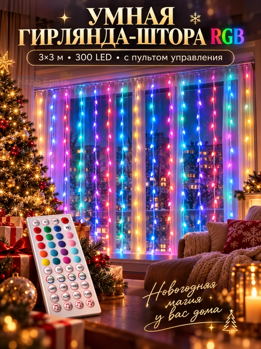 Aqlli RGB girlyanda parda 3x3 m, 300 LED, pultli, rangli yangi yil chiroqlari