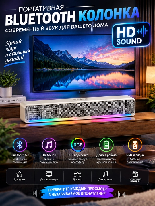 Bluetooth-саундбар BS-286 с RGB-подсветкой, беспроводная колонка для дома и ТВ