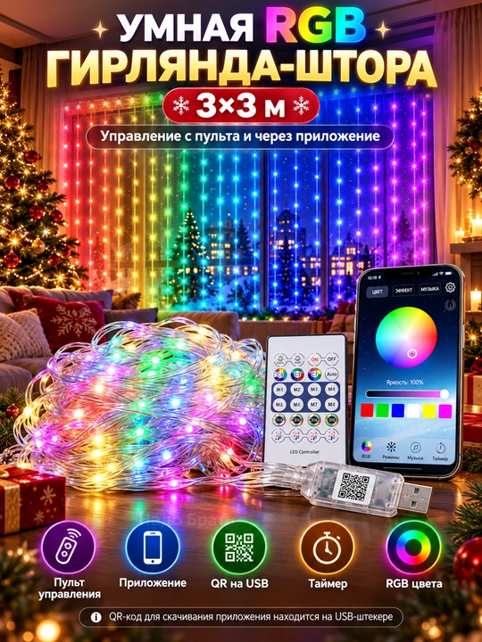 Умная гирлянда штора RGB 3х3 м, 300 LED, с пультом, разноцветная новогодняя занавеска - 