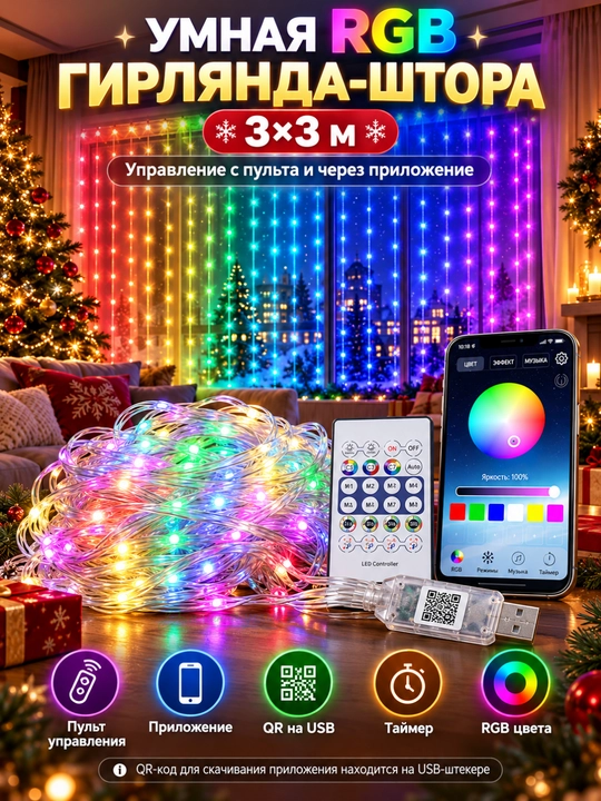 Aqlli RGB girlyanda parda 3x3 m, 300 LED, pultli, rangli yangi yil chiroqlari