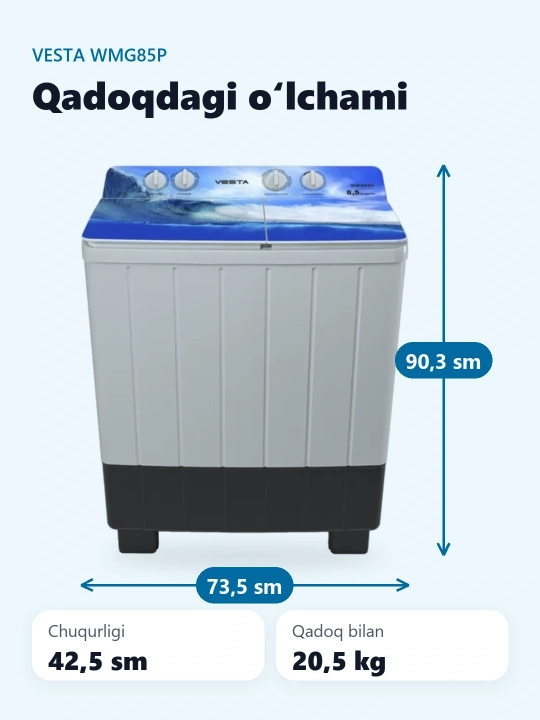 Yarim avtomat kir yuvish mashinasi Vesta WMG85P Water 01 Local