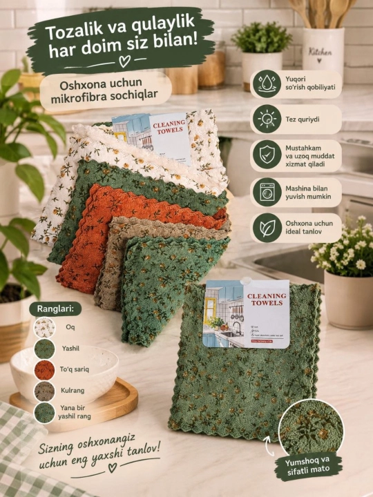 Mikrofibra colors tozalash uchun,4-6 dona  Oshxona sochig'i mikrofibra toplami - 