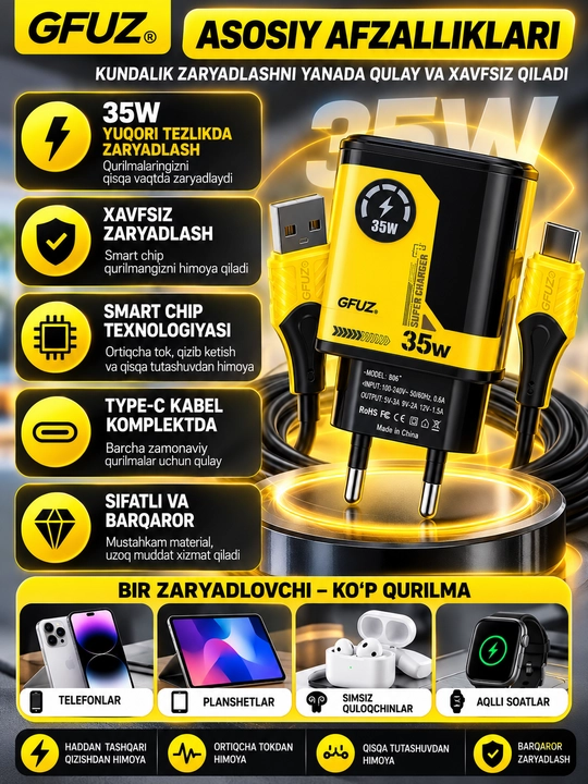 GFUZ 35W tez zaryadlovchi adapter Type-C kabel bilan