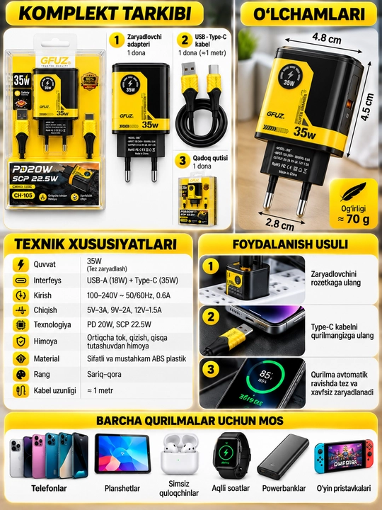 GFUZ 35W tez zaryadlovchi adapter Type-C kabel bilan
