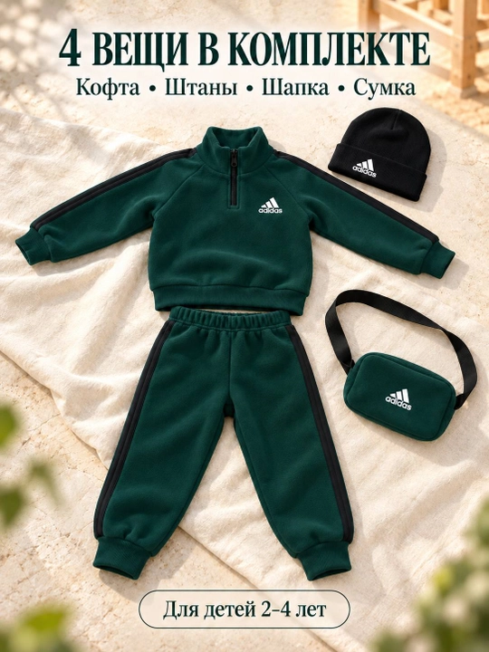 Детский флисовый костюм 4 в 1, теплый комплект с кофтой,штанами, шапкой и сумкой, 2–4 года