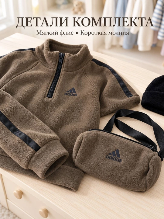 Детский флисовый костюм 4 в 1, теплый комплект с кофтой,штанами, шапкой и сумкой, 2–4 года