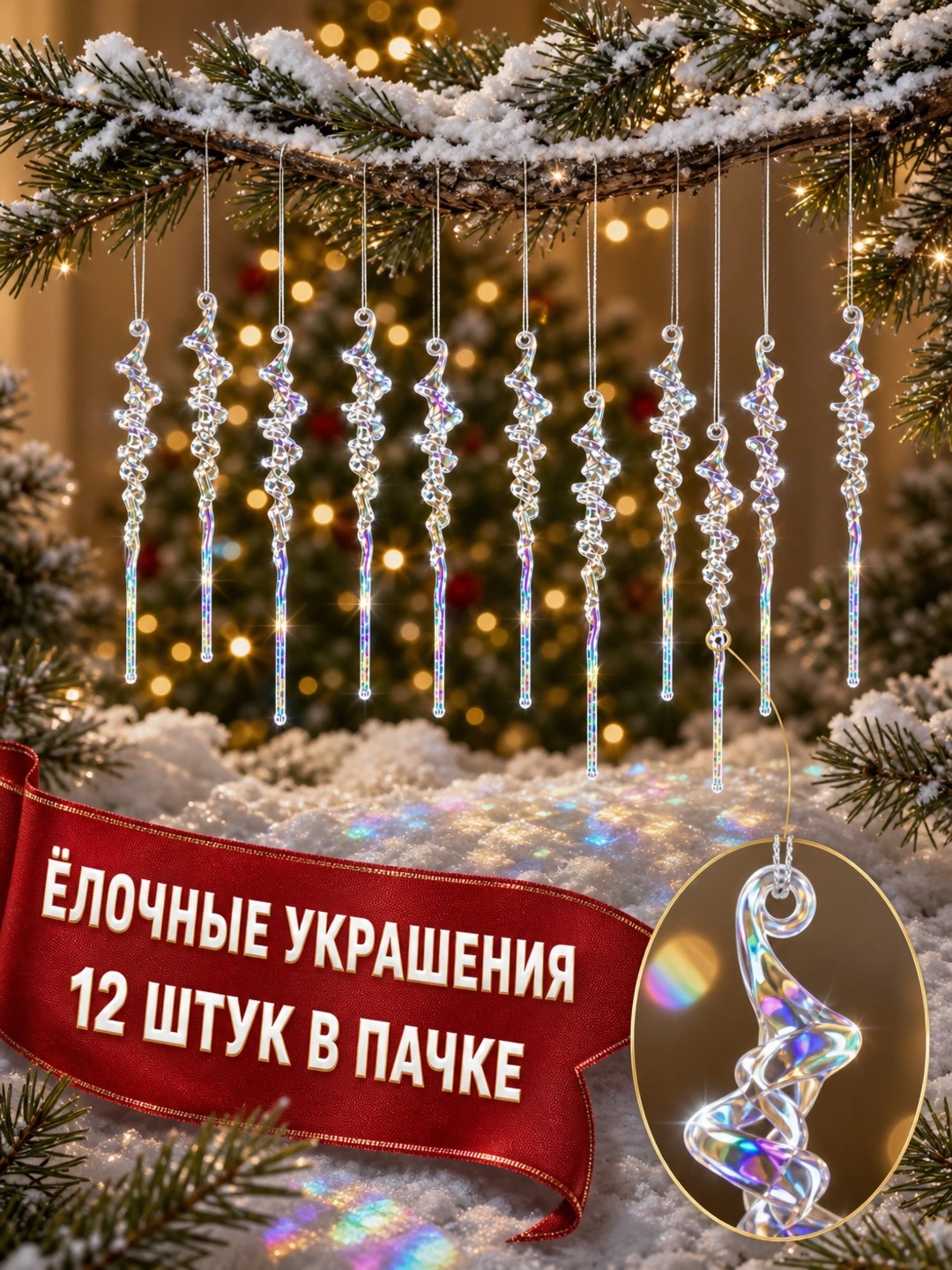 Ёлочные игрушки 12 штук, новогодний товар, украшения для ёлки, прозрачные ёлочные сосульки