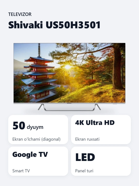Shivaki US50H3501 50 Smart TV, Google TV, 4K UHD, ovozli qidiruv bilan masofadan boshqarish pulti - 