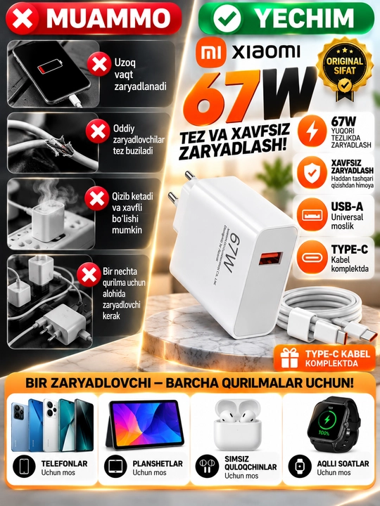 67W tez zaryadlovchi adapter USB-A, Type-C kabel bilan