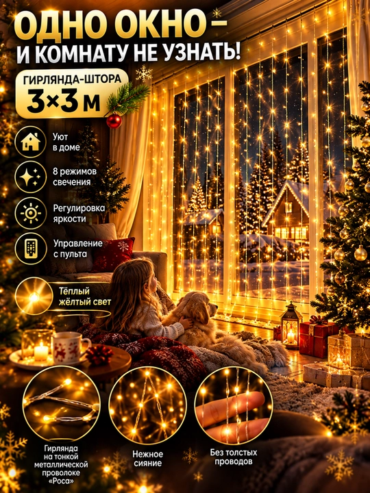 LED girlyanda parda 3×3 m, , pultli, deraza uchun yangi yil chiroqlari