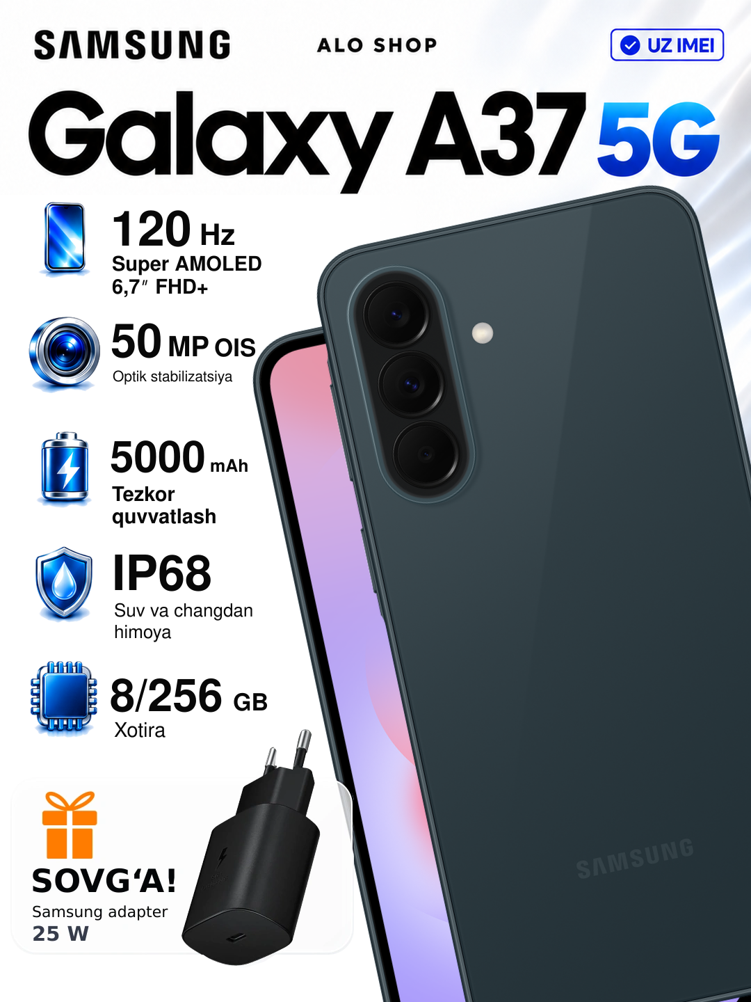 Smartfon Samsung Galaxy A37 5G, Super AMOLED ekran, 120Hz, UHD 4K 50MP kamera, NFC - 