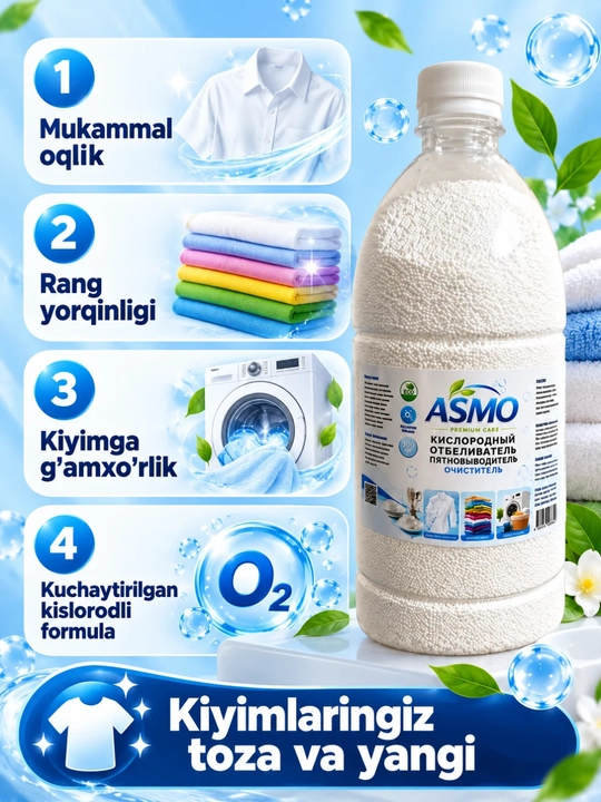 Oq va rangli kiyimlar uchun kislorodli oqartiruvchi-dog‘ ketkazuvchi ASMO 300, 500, 900
