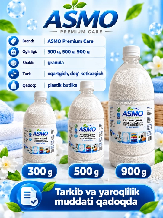 Oq va rangli kiyimlar uchun kislorodli oqartiruvchi-dog‘ ketkazuvchi ASMO 300, 500, 900