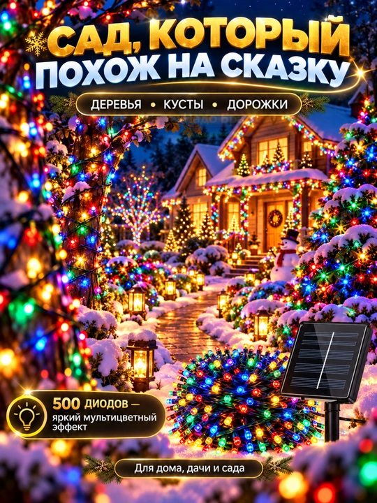Yangi yil ko‘cha bezagi uchun 50 m quyosh marjoni, RGB/Sariq, IP44