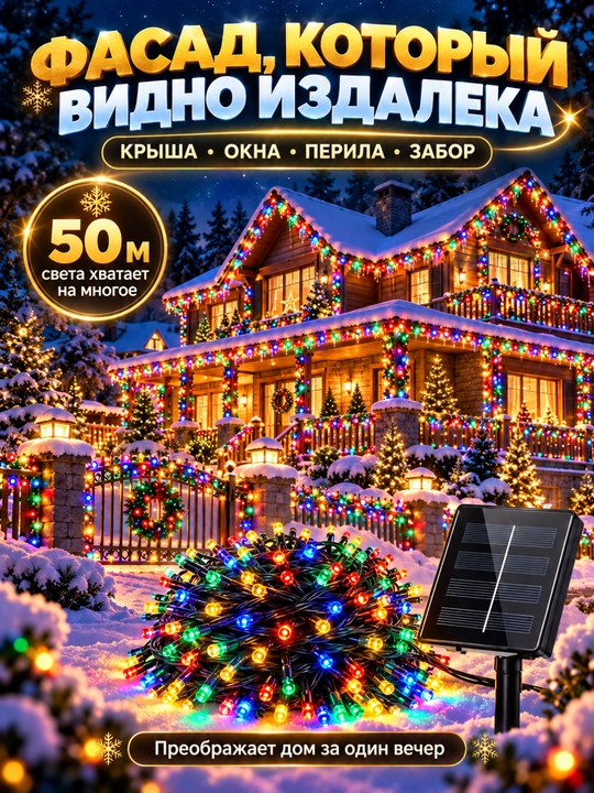 Yangi yil ko‘cha bezagi uchun 50 m quyosh marjoni, RGB/Sariq, IP44