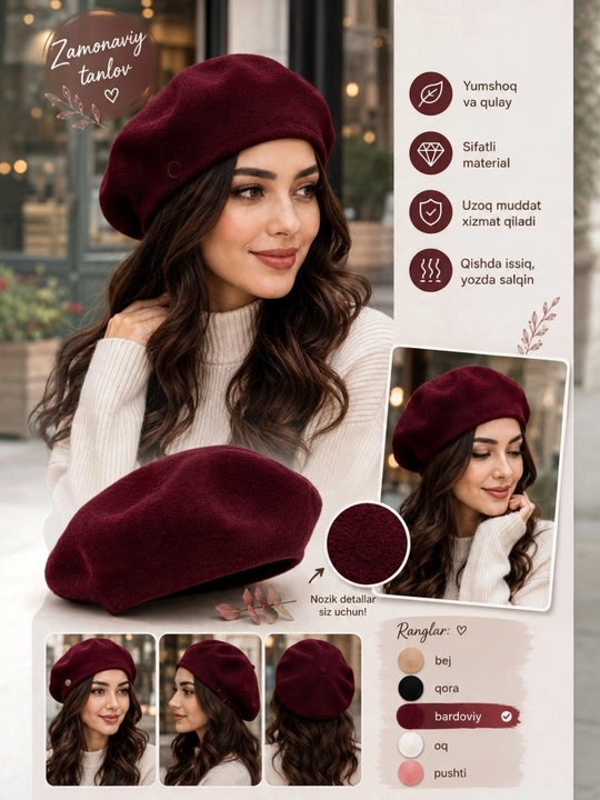 Ayollar uchun zamonaviy beret shapka, nafis dizaynli,kuz va bahor mavsumi uchun bosh kiyim - 