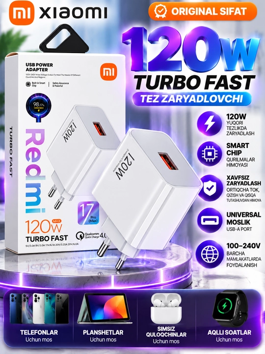 Xiaomi Redmi 120W Turbo Fast tez zaryadlovchi adapter, USB-A - 