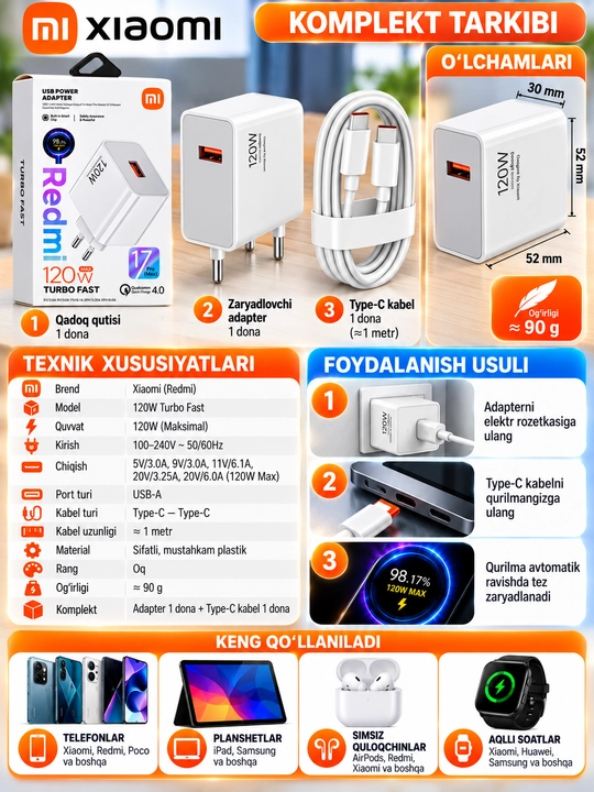 Xiaomi Redmi 120W Turbo Fast tez zaryadlovchi adapter, USB-A