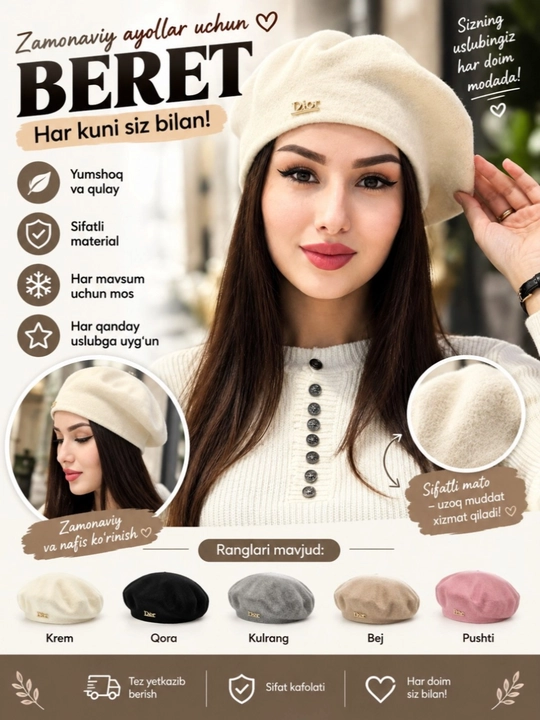 Ayollar uchun zamonaviy beret shapka, nafis dizaynli,kuz va bahor mavsumi uchun bosh kiyim - 