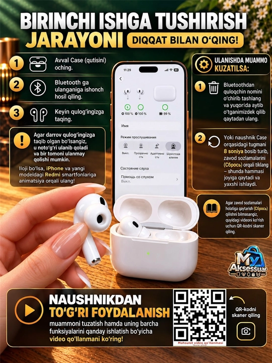 Simsiz quloqchinlar Pro 2 ANC full funksiyali bluetooth naushnik iPhone va Android uchun