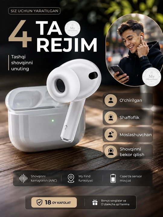 Simsiz quloqchinlar Pro 2 ANC full funksiyali bluetooth naushnik iPhone va Android uchun