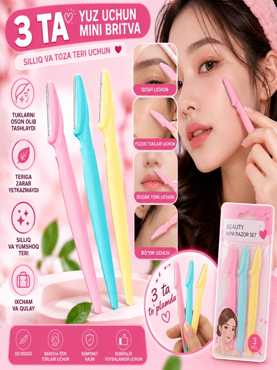 Trimmer ustara, qosh shakllarini berish va yuz tuklarini olish uchun ustara, 2 va 3 dona