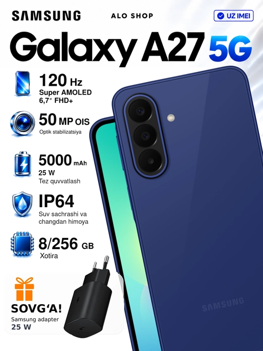 Smartfon Samsung Galaxy A27 5G, 8/256 GB, Super AMOLED 120 Hz, Samsung adapteri sovg‘aga - 