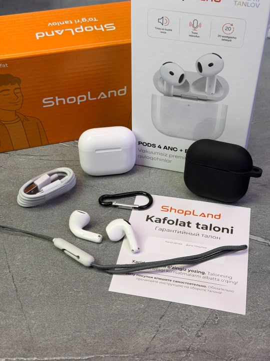 ShopLand Pods 4 ANC + ENC simsiz quloqchinlar, vakuumsiz, mikrofonli, iPhone va Android