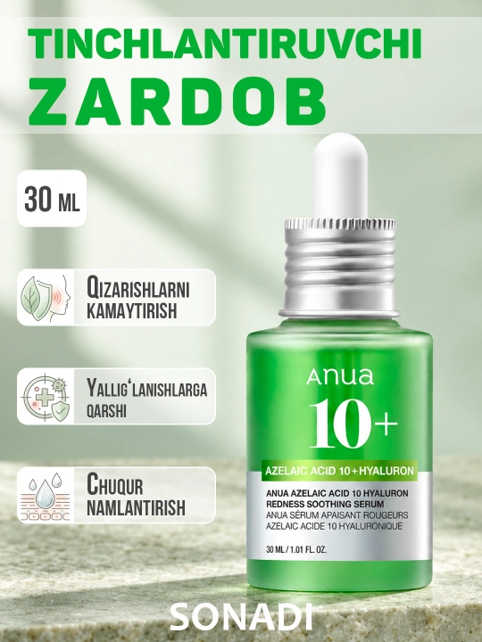 Akne va qizarishga qarshi tinchlantiruvchi Anua Azelaic Acid 10% + Hyaluron zardobi, 30 ml - 