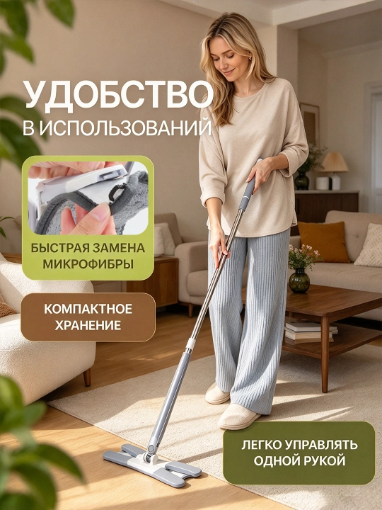 Швабра с отжимом, 2 насадки из микрофибры, для мытья полов