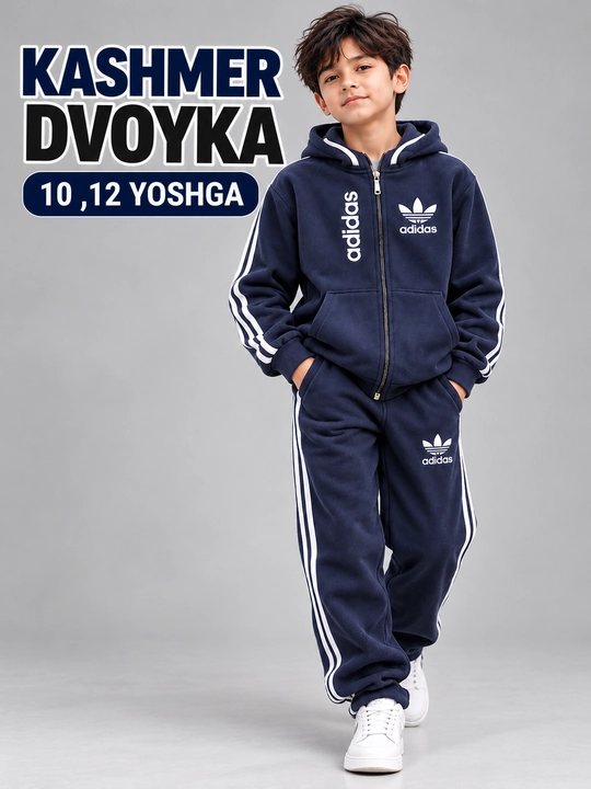 O‘g‘il va qiz bolalar uchun kashemir matoli dvoyka kapyushonli  kiyim to‘plami, 10–12 yosh