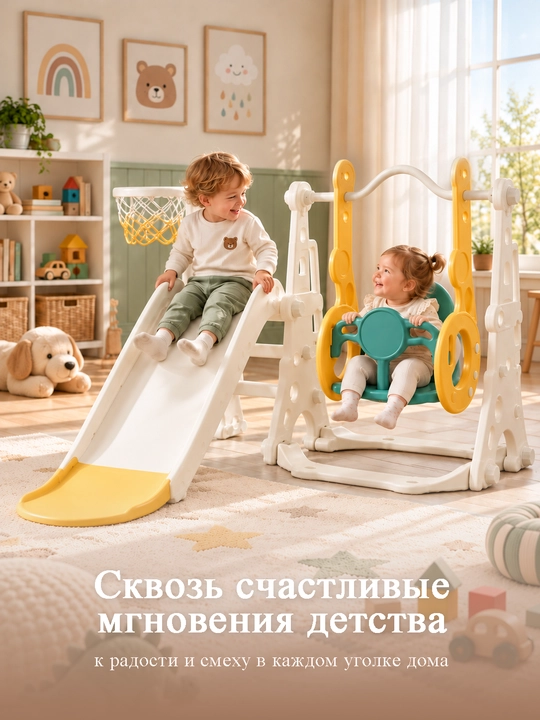 Детский игровой комплекс, 3 в 1: горка, качели, футбольные ворота и баскетбольное кольцо