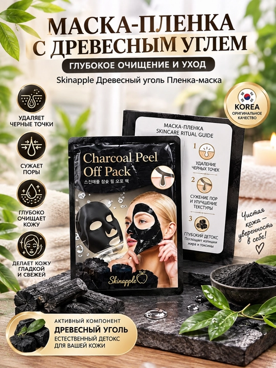 Маска-плёнка Skinapple Charcoal Peel Off Pack от чёрных точек, глубокое очищение, Корея - 