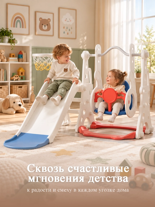 Детский игровой комплекс, 3 в 1: горка, качели, футбольные ворота и баскетбольное кольцо