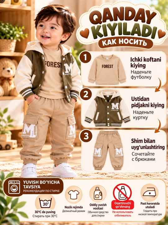 Осенний костюм-тройка для мальчиков 1–3 лет, комплект из 3 предметов
