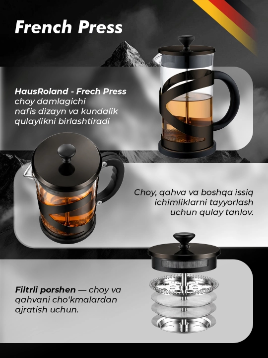 HausRoland choy va qahvalar uchun French press, 1 litr, 3 xil rangda