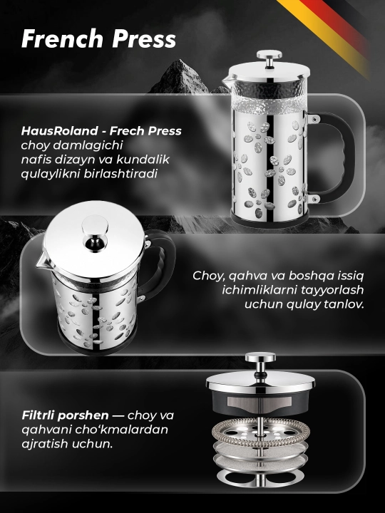 HausRoland choy va qahvalar uchun French press, 1 litr, 3 xil rangda