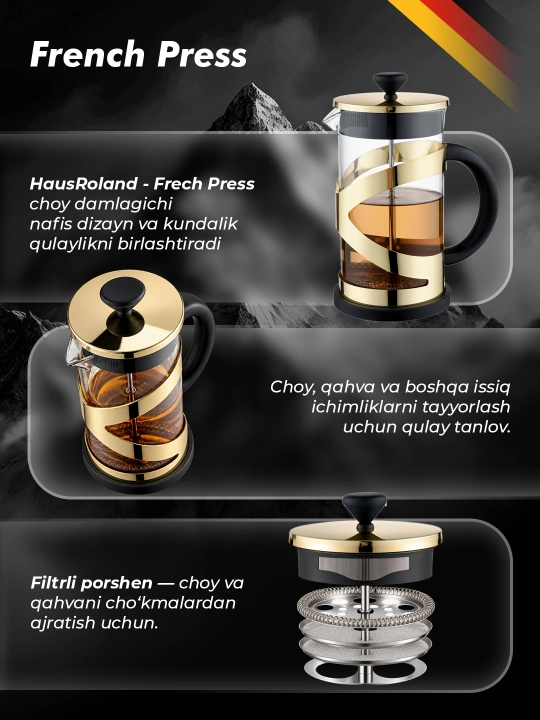 HausRoland choy va qahvalar uchun French press, 1 litr, 3 xil rangda