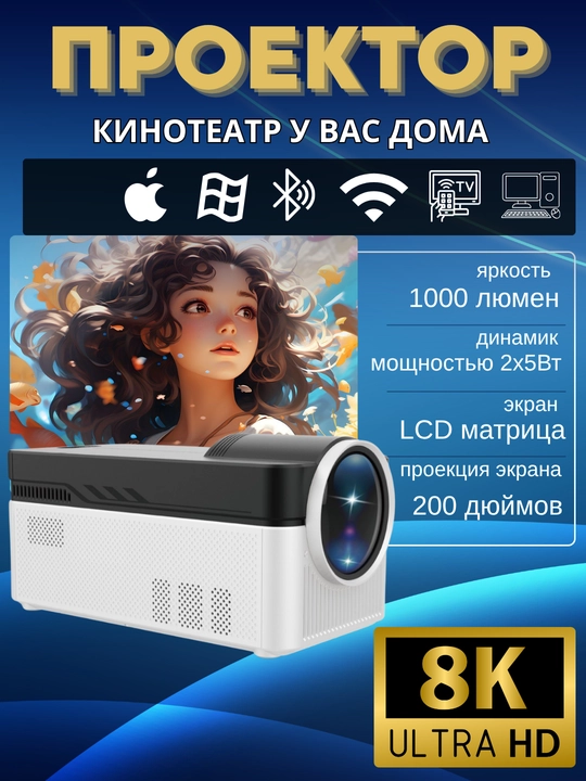 Проектор 800ANSI HY450 8K 1080P, с ультракоротким фокусным расстоянием H726 BT5.4 EU Plug - 