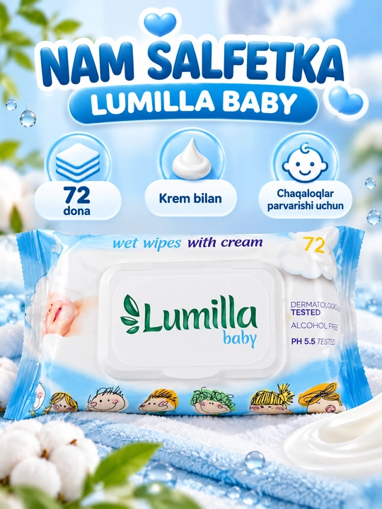 Lumilla Baby bolalar uchun nam salfetkalar, kremli, 72 dona, kundalik parvarish uchun - 