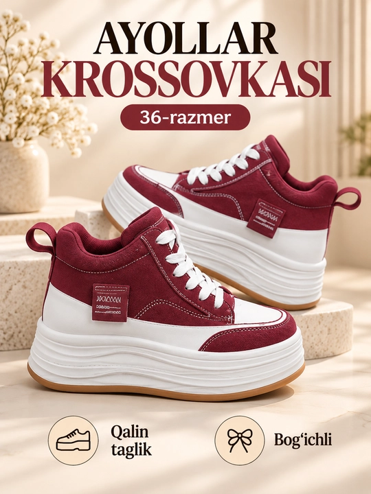 Ayollar uchun bog‘ichli krossovka, qalin taglikli, 36-o‘lcham - 