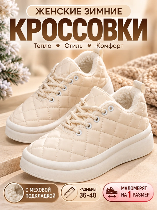 Женские зимние кроссовки с мехом стёганые на платформе, 36-40, маломерят на 1 размер - 